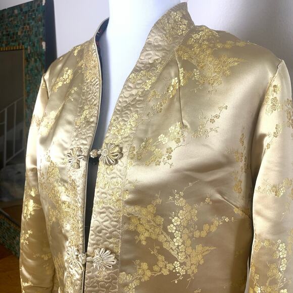 Vintage Chinese Sz L Style Gold Silky Reversible Jacket Floral Embroidered Retro - Picture 6 of 16